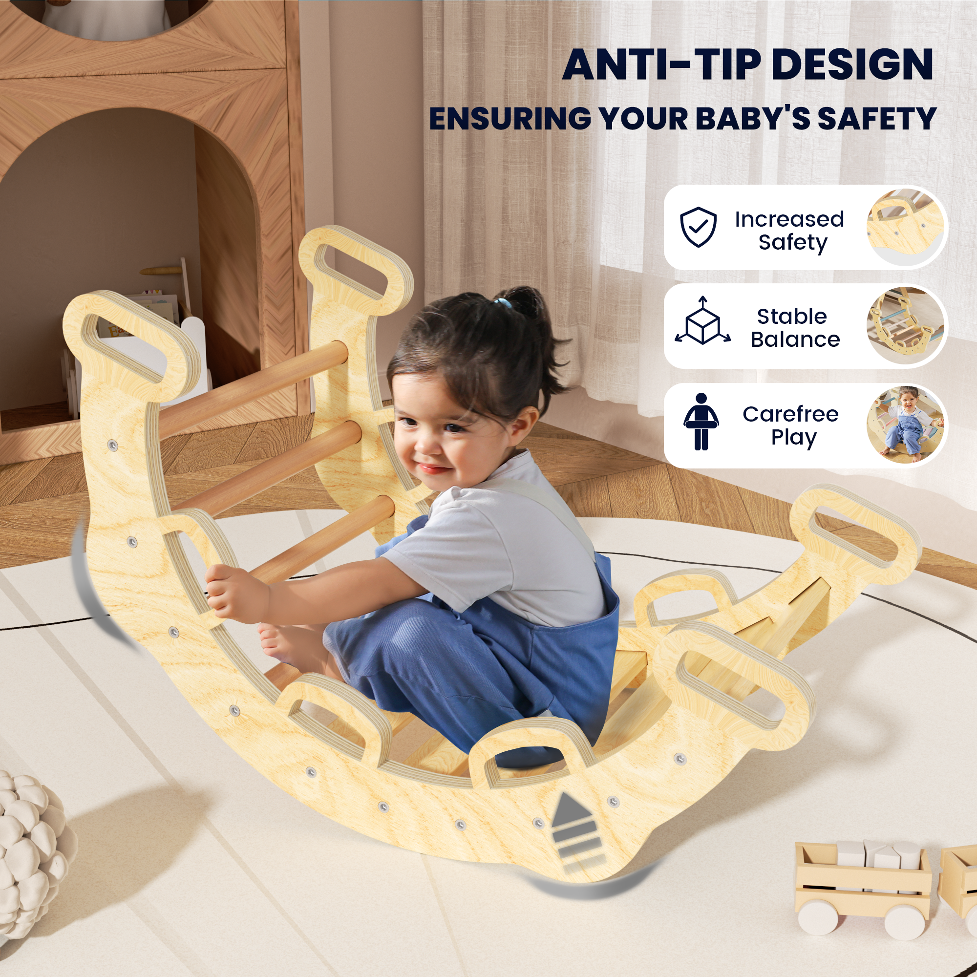 Escalera de cuerda Aurora-BlueWood®, juego de triángulos Pikler *Tono de madera natural